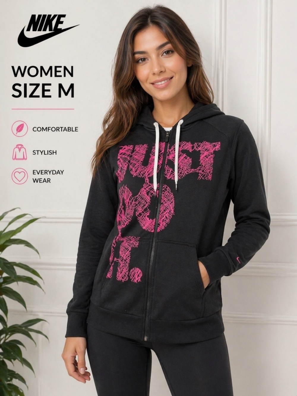 Nike women’s Therma-FIT Full Zip Hoodie Black Pink "Just Do It" size M